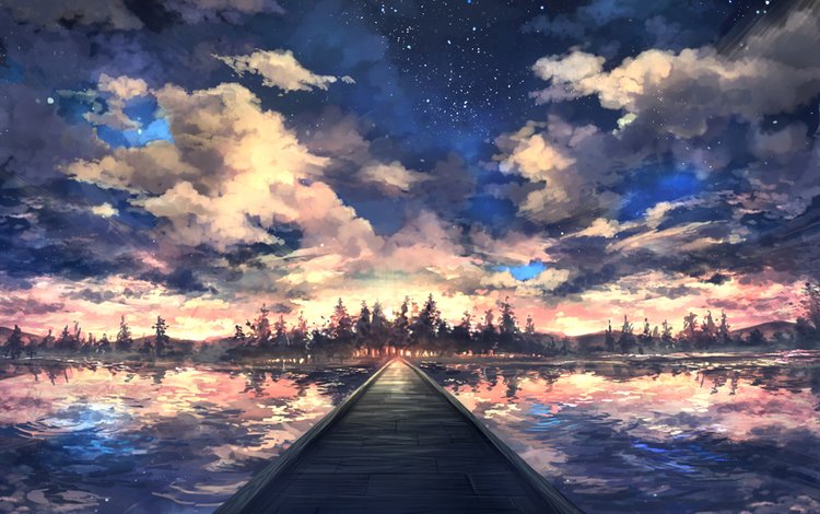 небо, мост, облака, озеро, лес, закат, отражение, пейзаж, звезды, the sky, bridge, clouds, lake, forest, sunset, reflection, landscape, stars