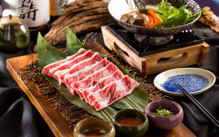 зелень, овощи, мясо, соус, японская кухня, нарезка, greens, vegetables, meat, sauce, japanese cuisine, cutting