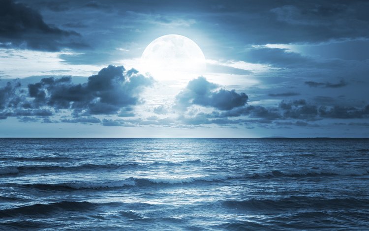 небо, облака, море, горизонт, луна, полнолуние, the sky, clouds, sea, horizon, the moon, the full moon