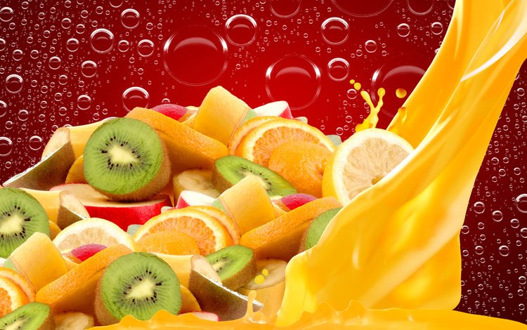 капли, сок, фрукты, яблоки, апельсины, пузыри, дольки, киви, цитрусы, drops, juice, fruit, apples, oranges, bubbles, slices, kiwi, citrus