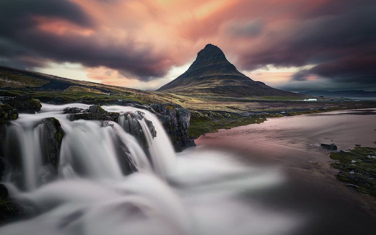 река, природа, водопад, вулкан, исландия, киркьюфетль, etienne ruff, river, nature, waterfall, the volcano, iceland, kirkjufell
