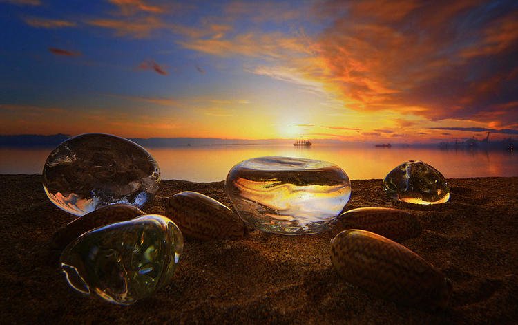 небо, стеклянные, облака, antonio amati, камни, закат, отражение, море, песок, пляж, the sky, glass, clouds, stones, sunset, reflection, sea, sand, beach
