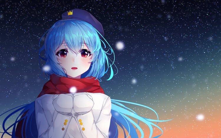 девушка, взгляд, аниме, волосы, лицо, снегопад, girl, look, anime, hair, face, snowfall