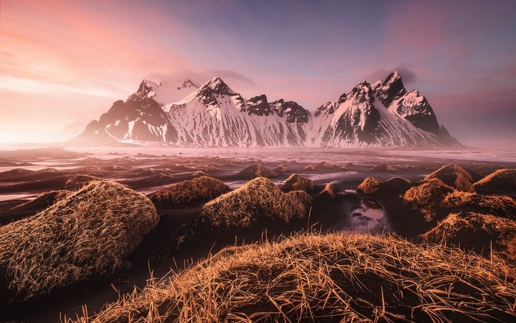 горы, камни, закат, тучи, исландия, вестрахорн, mountains, stones, sunset, clouds, iceland, westerhorn