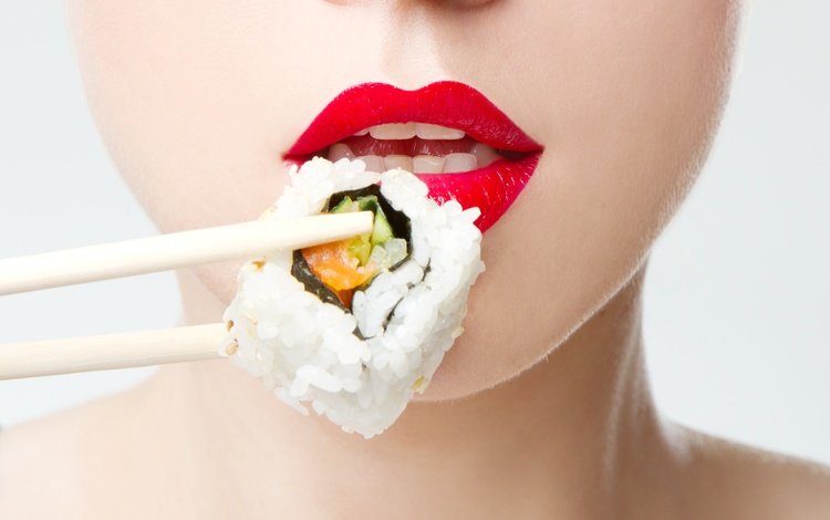 девушка, губы, лицо, красная помада, палочки, рис, суши, girl, lips, face, red lipstick, sticks, figure, sushi