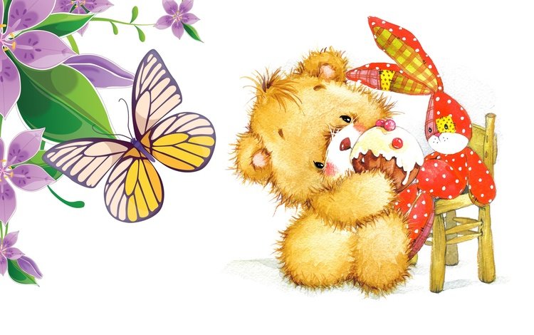 арт, день рождения, настроение, зайчик, бабочка, пирожное, мишка, стульчик, игрушка, детская, малыш, кексик, подарок, праздник, art, birthday, mood, bunny, butterfly, cake, bear, chair, toy, children's, baby, cupcake, gift, holiday