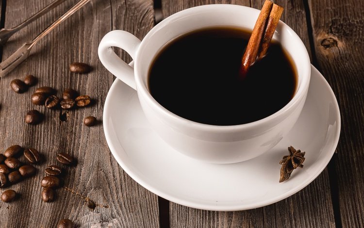 корица, зерна, кофе, чашка, кофейные зерна, деревянная поверхность, cinnamon, grain, coffee, cup, coffee beans, wooden surface