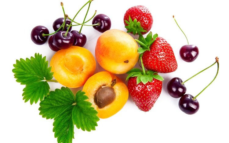 листья, ягода, фрукты, клубника, белый фон, вишня, абрикосы, крупным планом, leaves, berry, fruit, strawberry, white background, cherry, apricots, closeup