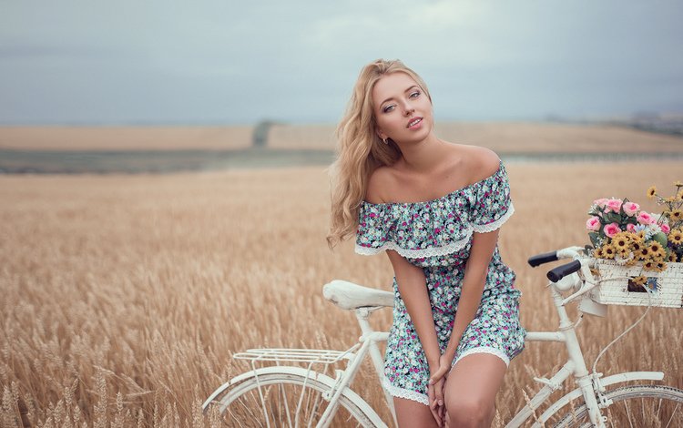 konstantin gerasimov, цветы, девушка, блондинка, модель, позирует, велосипед, декольте, пшеница поле, flowers, girl, blonde, model, posing, bike, neckline, wheat field