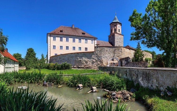 небо, германия, трава, камыши, деревья, бавария, солнце, gosheim, зелень, лето, дома, пруд, the sky, germany, grass, the reeds, trees, bayern, the sun, greens, summer, home, pond