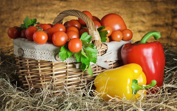 сено, корзина, овощи, помидоры, натюрморт, перец, томаты, паприка, bell peppers, hay, basket, vegetables, tomatoes, still life, pepper, paprika