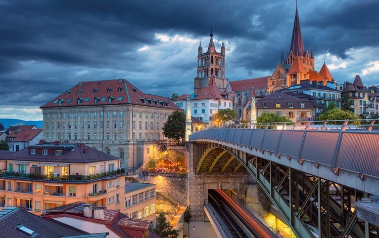 собор, мост, швейцария, дома, здания, лозанна, cathedral, bridge, switzerland, home, building, lausanne