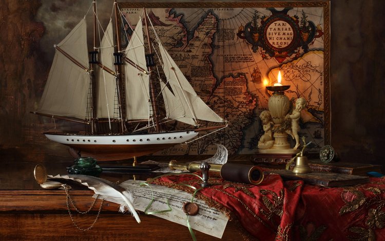 корабль, сургуч, карта, модель, свеча, труба, перо, натюрморт, андрей морозов, ship, map, model, candle, pipe, pen, still life, andrey morozov