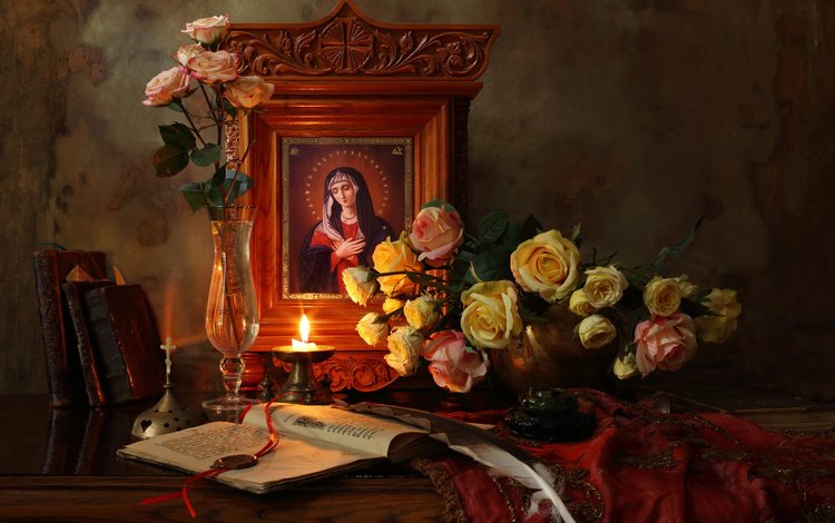 цветы, икона, розы, книги, ваза, свеча, перо, натюрморт, андрей морозов, flowers, roses, books, vase, candle, pen, still life, andrey morozov