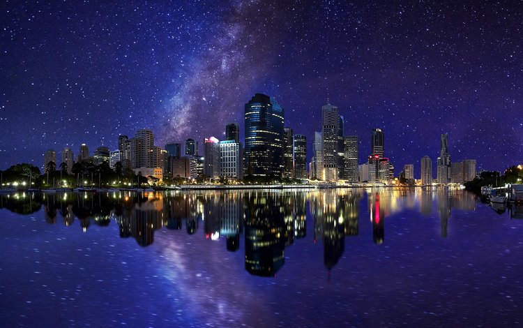 ночь, брисбен, огни, отражение, звезды, город, австралия, млечный путь, квинсленд, night, brisbane, lights, reflection, stars, the city, australia, the milky way, qld