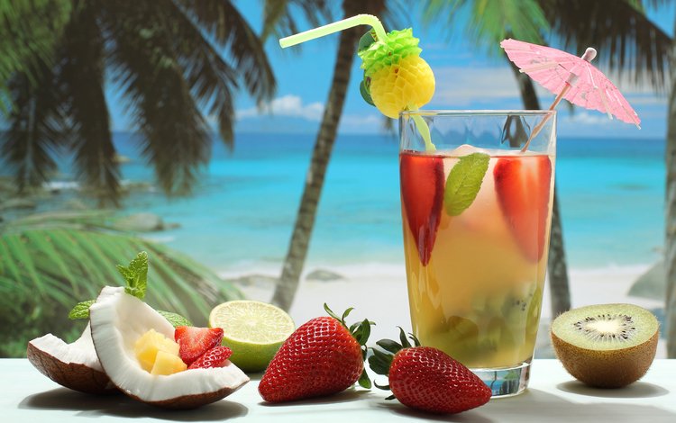 напиток, фрукты, клубника, ягоды, лайм, коктейль, киви, кокос, drink, fruit, strawberry, berries, lime, cocktail, kiwi, coconut