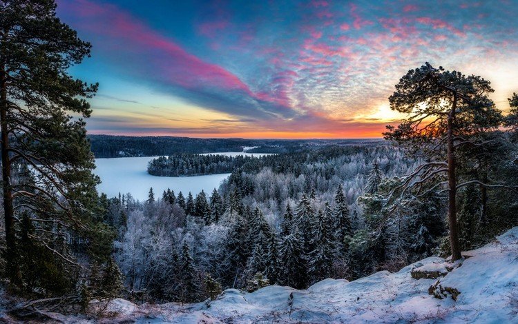 природа, лес, закат, зима, долина, nature, forest, sunset, winter, valley