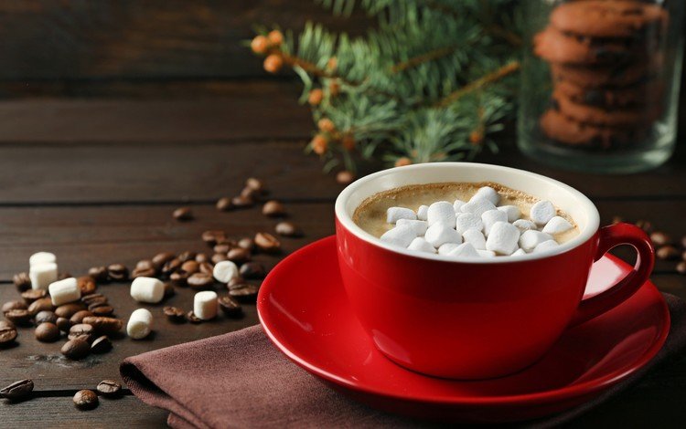 напиток, кофе, чашка, кофейные зерна, зефир, какао, горячий шоколад, маршмэллоу, drink, coffee, cup, coffee beans, marshmallows, cocoa, hot chocolate, marshmallow
