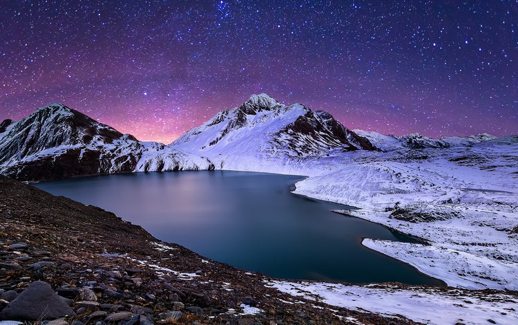 ночь, озеро, горы, природа, зима, пейзаж, звезды, fabio antenore, night, lake, mountains, nature, winter, landscape, stars