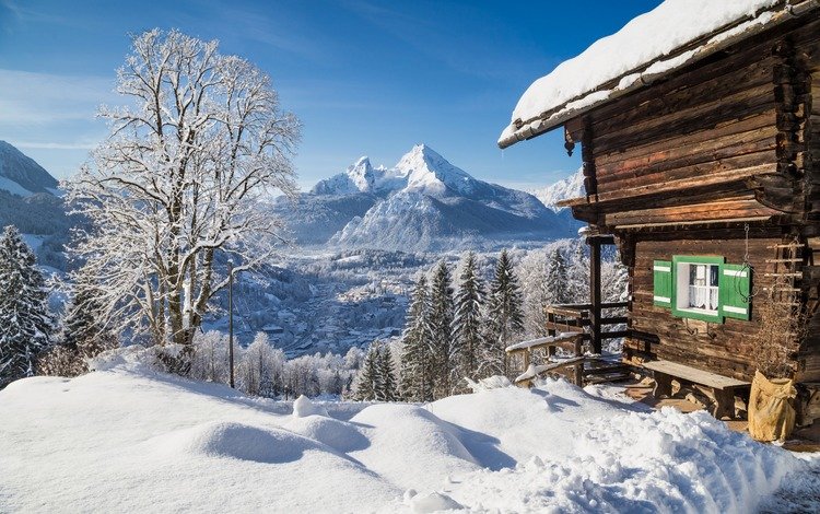 горы, природа, зима, пейзаж, домик, mountains, nature, winter, landscape, house