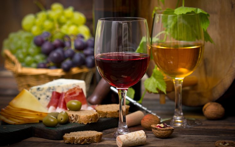 орехи, виноград, сыр, хлеб, вино, бокалы, nuts, grapes, cheese, bread, wine, glasses