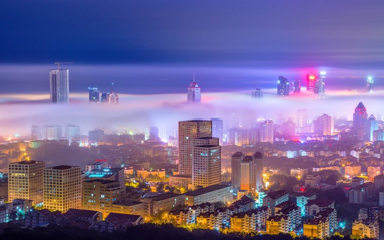 ночь, огни, туман, город, китай, циндао, night, lights, fog, the city, china, qingdao