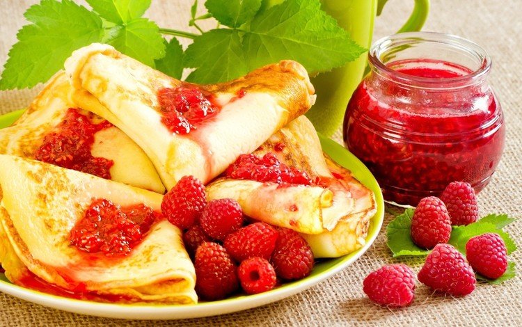 малина, ягоды, блинчики, блины, варенье, raspberry, berries, pancakes, jam