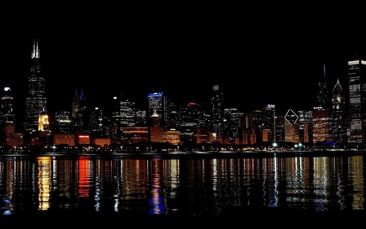 ночь, огни, отражение, город, небоскребы, мегаполис, чикаго, сhicago, night, lights, reflection, the city, skyscrapers, megapolis, chicago
