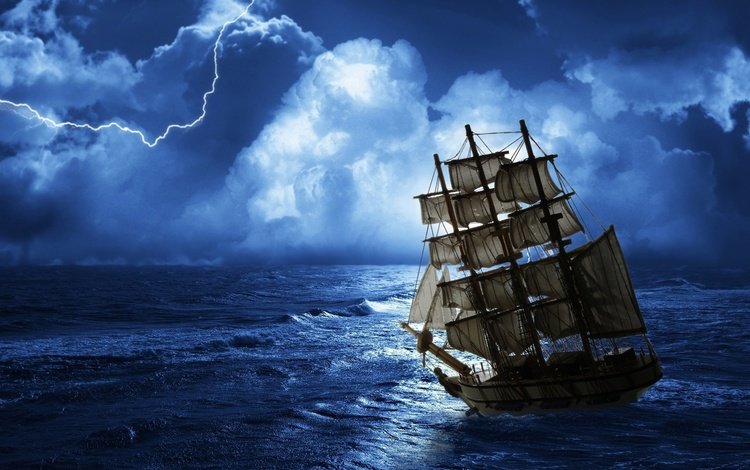 море, молния, корабль, парусник, шторм, sea, lightning, ship, sailboat, storm