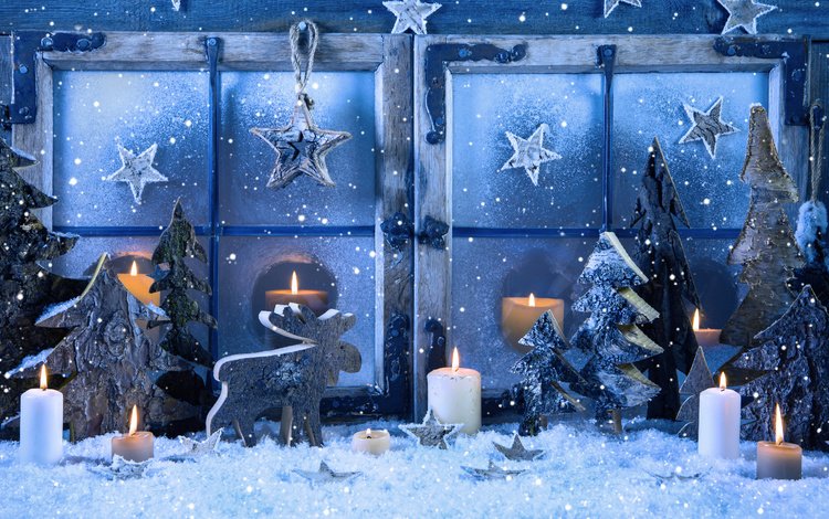 снег, снегопад, свечи, олень, звезды, окно, елочки, рождество, украшение, snow, snowfall, candles, deer, stars, window, christmas trees, christmas, decoration