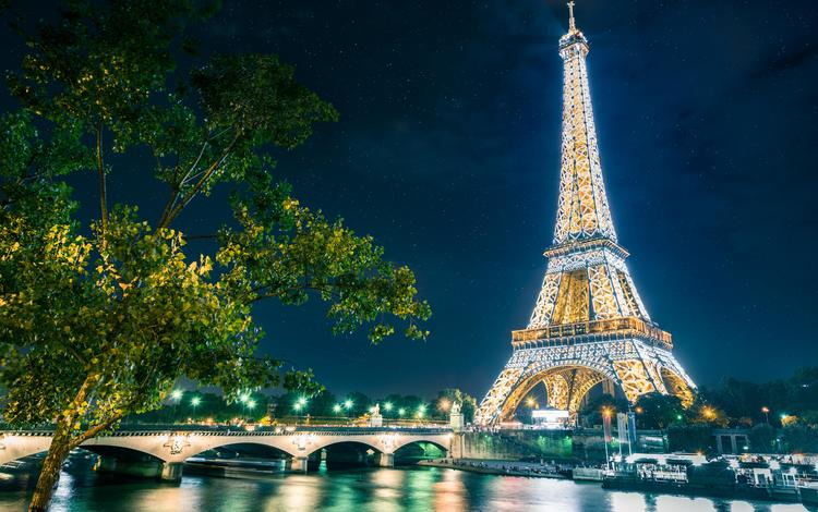 ночь, эйфелева башня, огни, река, отражение, мост, город, париж, франция, night, eiffel tower, lights, river, reflection, bridge, the city, paris, france