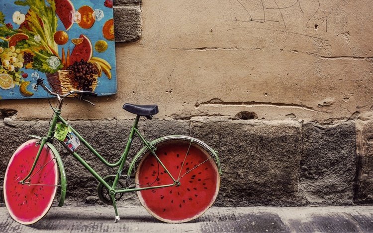 винтаж, диски, ретро, фрукты, улица, арбуз, живопись, велосипед, бетон, vintage, drives, retro, fruit, street, watermelon, painting, bike, concrete