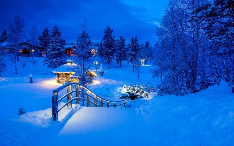 ночь, огни, природа, зима, мост, домики, деревня, night, lights, nature, winter, bridge, houses, village
