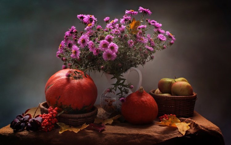 цветы, листья, яблоки, осень, хризантемы, тыква, натюрморт, рябина, flowers, leaves, apples, autumn, chrysanthemum, pumpkin, still life, rowan