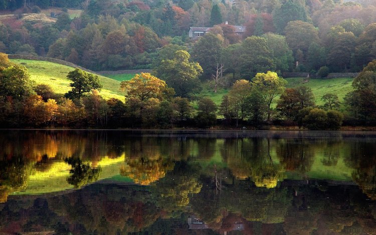 деревья, вода, озеро, природа, лес, отражение, осень, дом, trees, water, lake, nature, forest, reflection, autumn, house