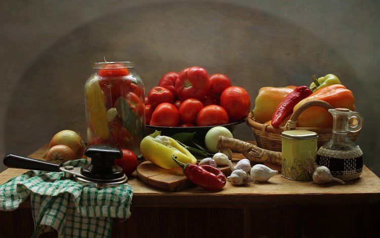 кухня, овощи, помидоры, натюрморт, перец, чеснок, специи, kitchen, vegetables, tomatoes, still life, pepper, garlic, spices