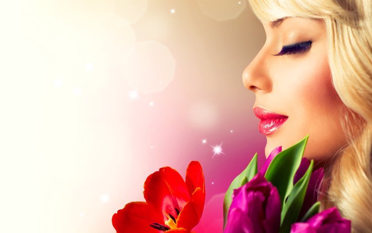 цветы, девушка, профиль, весна, тюльпаны, ресницы, flowers, girl, profile, spring, tulips, eyelashes