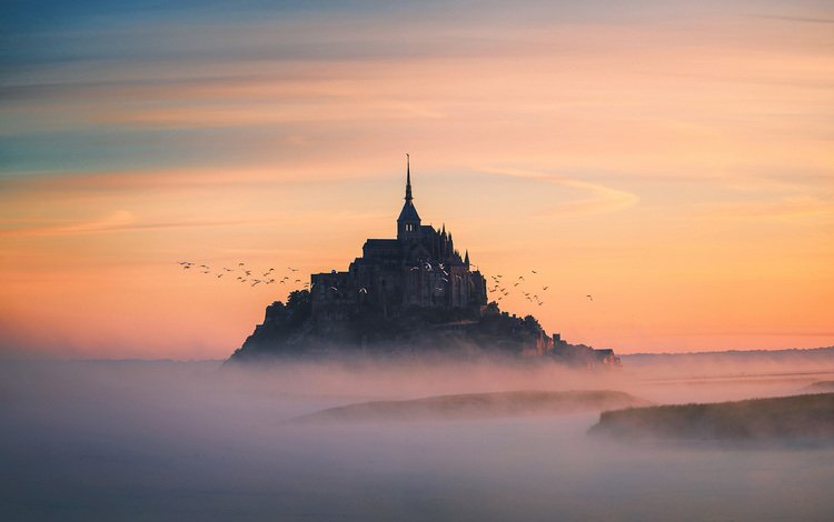 пейзаж, туман, замок, птицы, франция, мон-сен-мишель, landscape, fog, castle, birds, france, mont-saint-michel