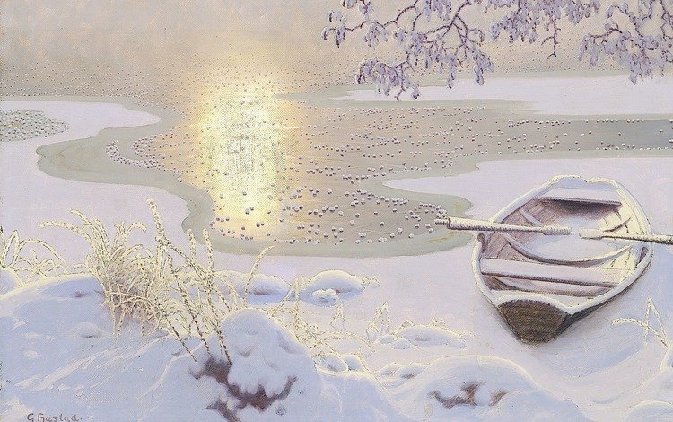 арт, озеро, зима, пейзаж, лодка, gustaf fjaestad, art, lake, winter, landscape, boat
