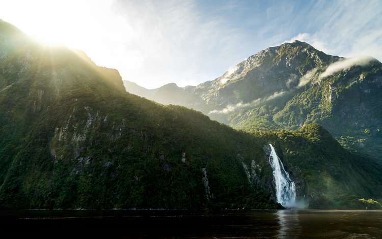 горы, природа, водопад, новая зеландия, южный остров, милфорд-саунд, simon thomas, mountains, nature, waterfall, new zealand, south island, milford sound