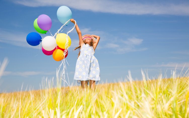 небо, поле, девочка, ребенок, воздушные шарики, the sky, field, girl, child, balloons