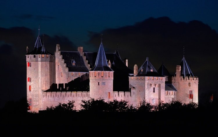 ночь, огни, замок, нидерланды, замок мёйдерслот, night, lights, castle, netherlands, castle muiderslot