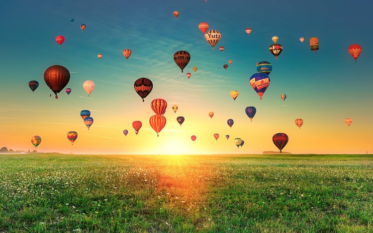 небо, трава, шары, закат, пейзаж, поле, воздушные шары, the sky, grass, balls, sunset, landscape, field, balloons