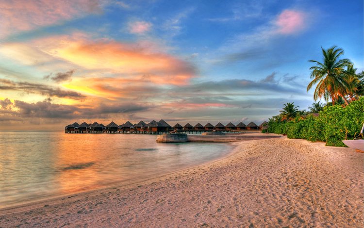 закат, море, пляж, бунгало, тропики, мальдивы, sunset, sea, beach, bungalow, tropics, the maldives