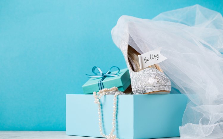 бусы, подарок, свадьба, туфли, коробка, голубая, короб, beads, gift, wedding, shoes, box, blue