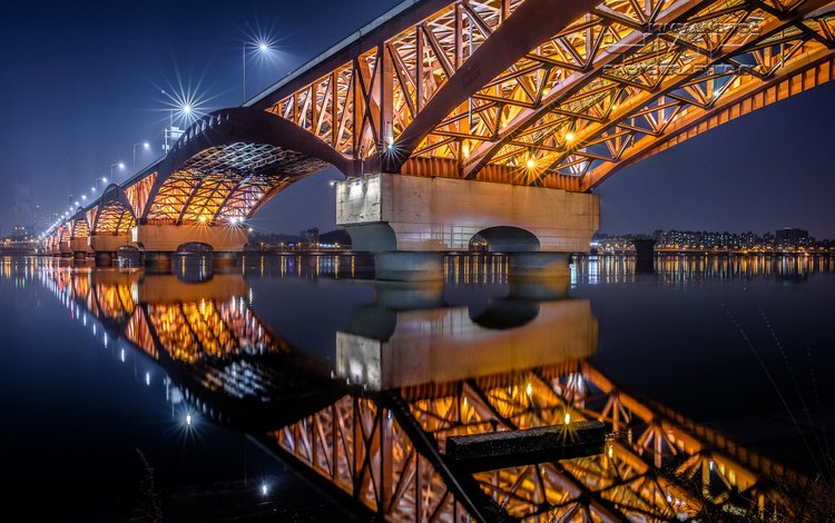 огни, отражение, мост, город, сеул, южная корея, lights, reflection, bridge, the city, seoul, south korea