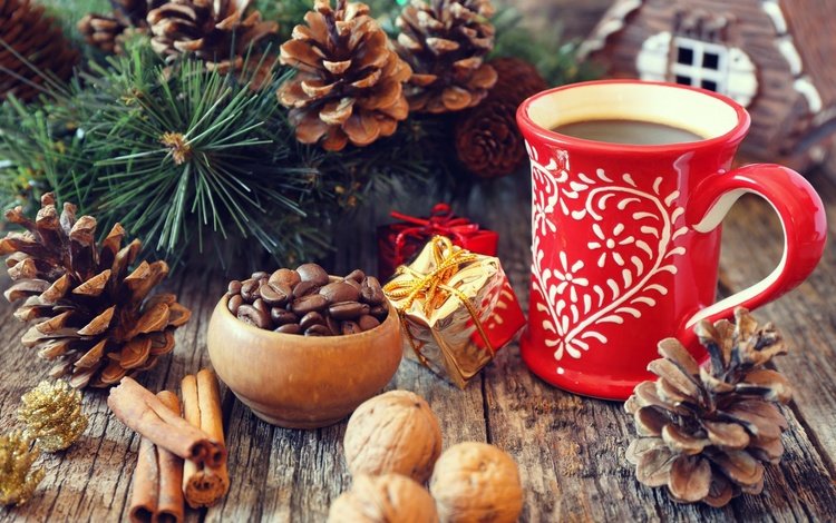 рождество, новый год, шишки, елка, специи, орехи, ветки, корица, кофе, кружка, праздник, christmas, new year, bumps, tree, spices, nuts, branches, cinnamon, coffee, mug, holiday
