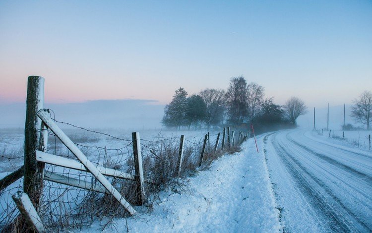 дорога, природа, зима, пейзаж, иней, забор, road, nature, winter, landscape, frost, the fence