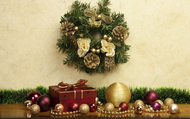 новый год, декор, шары, украшения, хвоя, подарки, рождество, шишки, венок, new year, decor, balls, decoration, needles, gifts, christmas, bumps, wreath