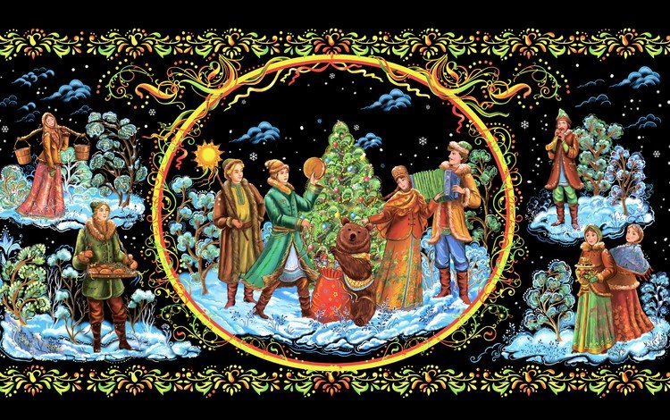 рисунок, миниатюра, деревья, палех, новый год, елка, медведь, девушки, парни, рождество, figure, miniature, trees, palekh, new year, tree, bear, girls, guys, christmas
